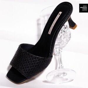 Black Leather Mules Crystal Detail